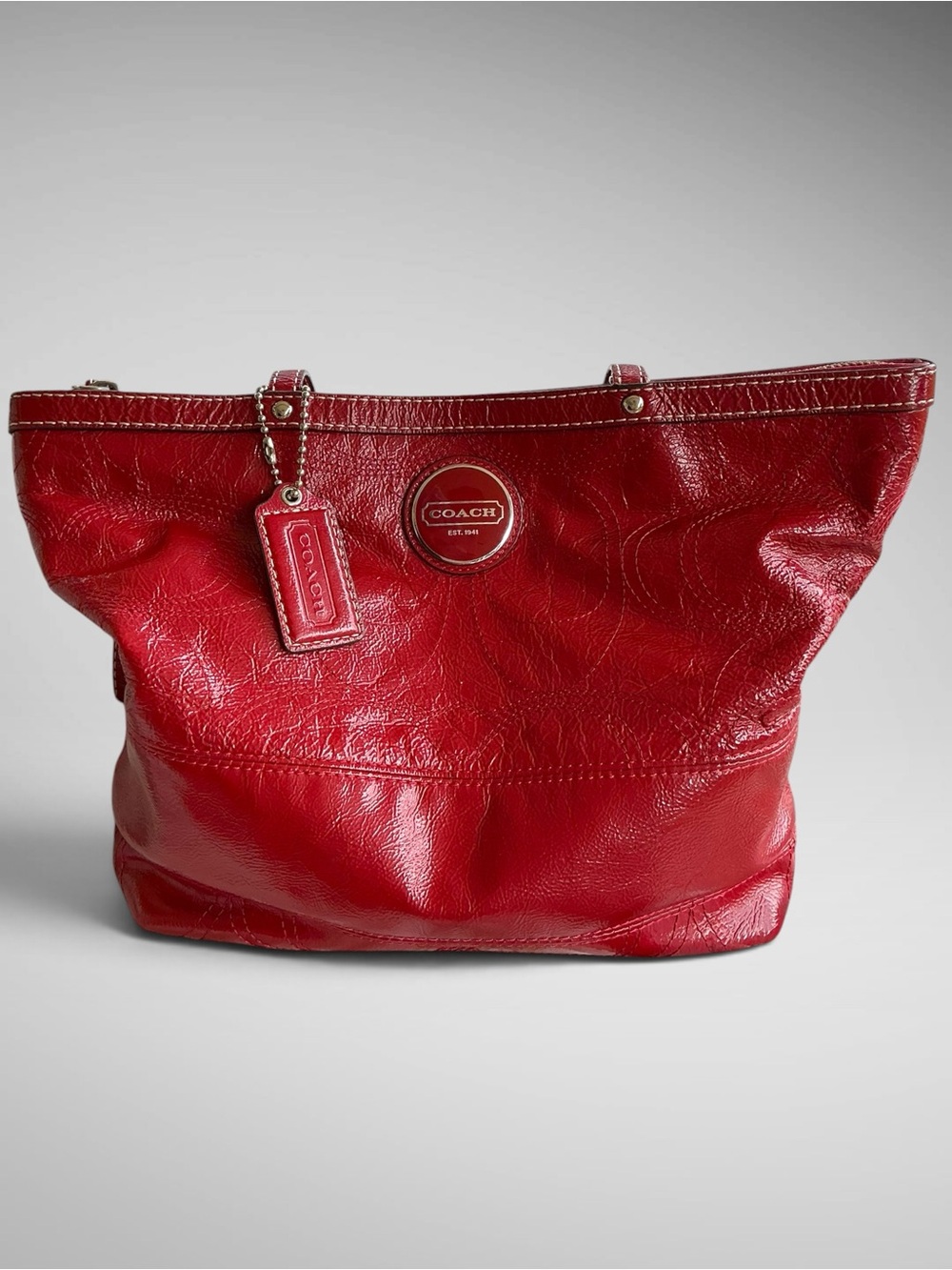Coach Peyton Patent Leather F15142 Red Signature C Stitched Shoulder Tote Bag